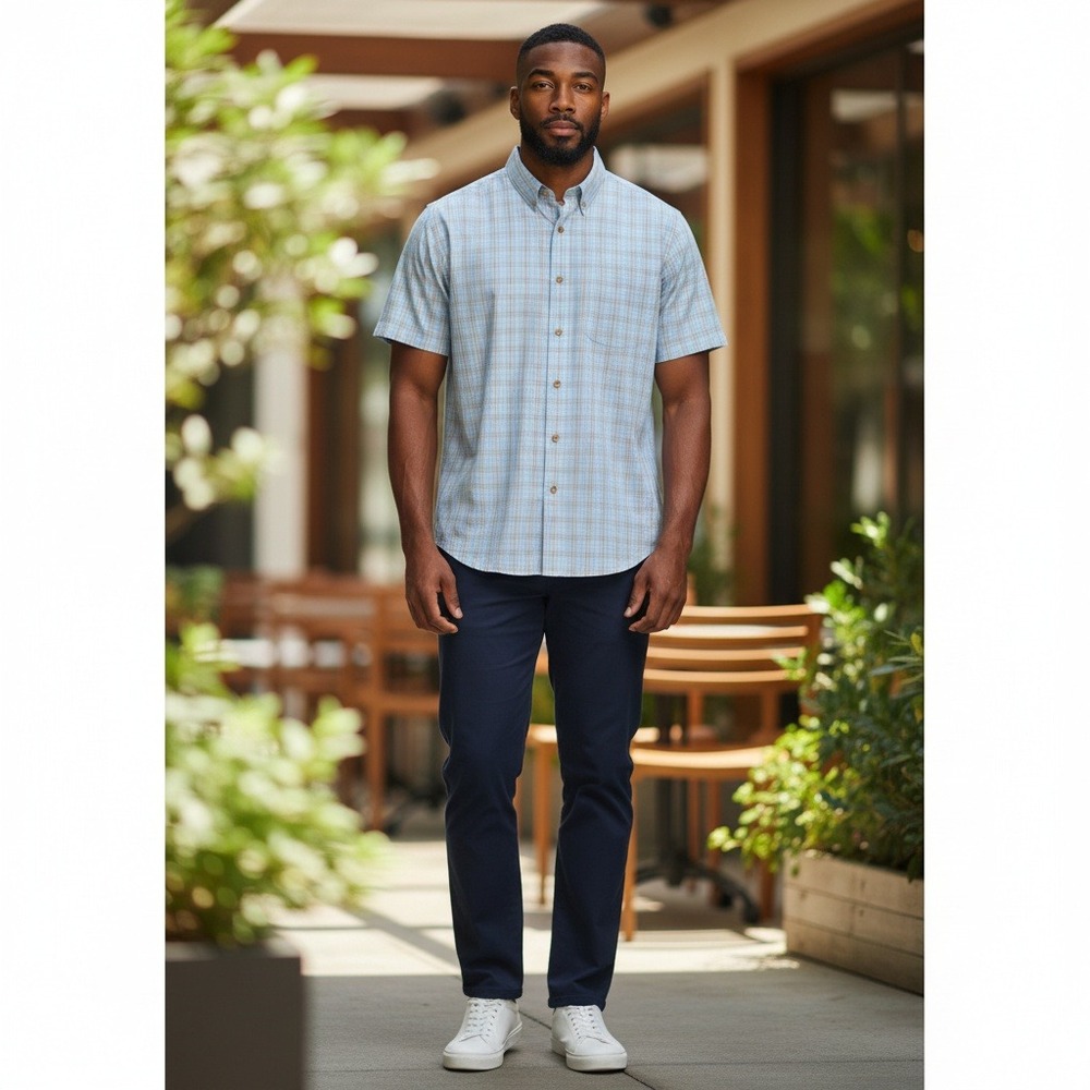 REI‎ Button Down Shirt XL Blue Plaid Short Sleeve Cotton Outdoor Casual Top
